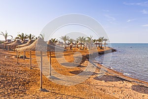 Parasols on the beach of Red Sea in Hurghada