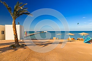 Parasols on the beach of Red Sea in Hurghada