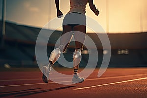 Parasport. Woman para athlete on prosthetic leg running track stadium, para athletics championships