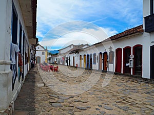 Parati, Brasil - 23 December 2016: Sweet and colorful houses in colonial style with cobblestone floor in Parati, Brasil