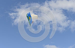 Paratrooper with the banner of Russian airborne forces