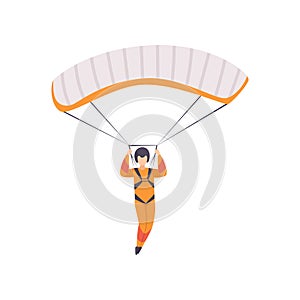 Paratrooper descending with parachute wing, skydiving, parachuting extreme sport vector Illustration on a white