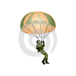 A paratrooper in a military uniform flies with a parachute. Vector illustration in a flat cartoon style.