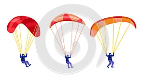 Paratroopers descending with parachutes set. Paraglide and parachute jumping characters on white, paragliders and