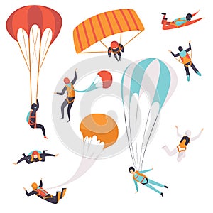 Paratroopers descending with parachutes set, skydiving, parachuting extreme sport vector Illustration on a white