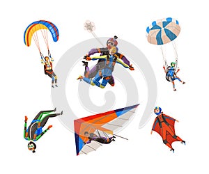 Paratroopers or Parachutist Free-falling and Descenting with Parachute and Wingsuit Vector Set