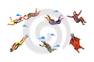 Paratroopers or Parachutist Free-falling and Descenting with Parachute and Wingsuit Vector Set