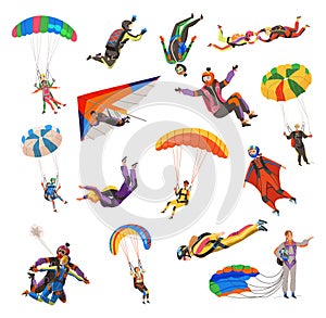 Paratroopers or Parachutist Free-falling and Descenting with Parachutes Big Vector Set