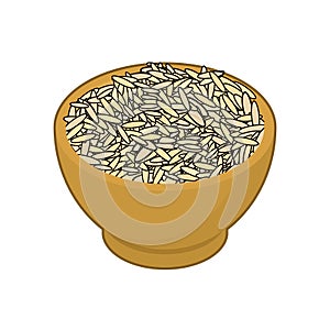 Parboiled rice in wooden bowl isolated. Groats in wood dish. Grain on white background. Vector illustration