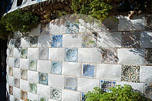 Parc Guell mosaic walls in Barcelona