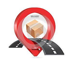 A parcel box or cardboard box rests on road running through middle of red pin location and there is red buy button at below