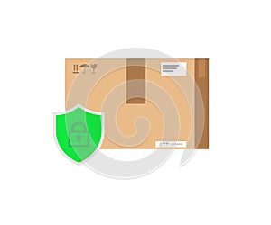 Parcel box protected with shield logo design. Ð¡artoon package icon with insurance or guarantee check vector design.