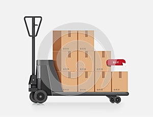 Parcel boxes or cardboard boxes are stacked on top of each other and all are placed on hydraulic trolley used in warehouse
