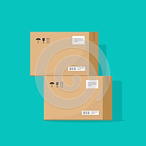 Parcel boxes carton vector illustration, warehouse parts, cardboard cargo freight shipment or package paper box flat