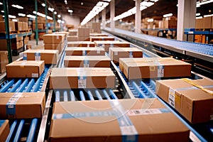 Parcel boxes on conveyor belt in product sorting and shipping facility, manufacturing and delivery logistics