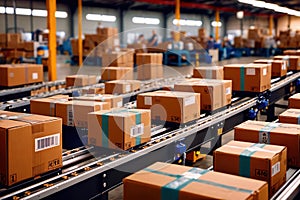 Parcel boxes on conveyor belt in product sorting and shipping facility, manufacturing and delivery logistics