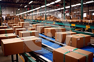 Parcel boxes on conveyor belt in product sorting and shipping facility, manufacturing and delivery logistics