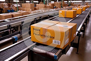 Parcel boxes on conveyor belt in product sorting and shipping facility, manufacturing and delivery logistics