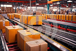 Parcel boxes on conveyor belt in product sorting and shipping facility, manufacturing and delivery logistics