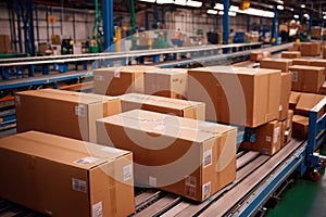 Parcel boxes on conveyor belt in product sorting and shipping facility, manufacturing and delivery logistics