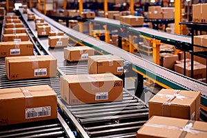 Parcel boxes on conveyor belt in product sorting and shipping facility, manufacturing and delivery logistics