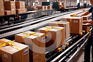 Parcel boxes on conveyor belt in product sorting and shipping facility, manufacturing and delivery logistics