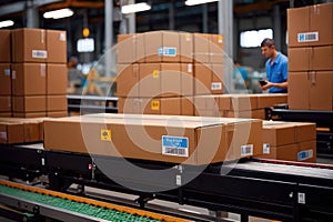 Parcel boxes on conveyor belt in product sorting and shipping facility, manufacturing and delivery logistics