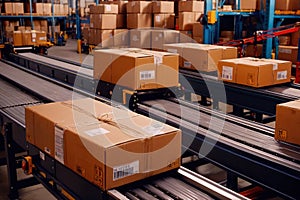 Parcel boxes on conveyor belt in product sorting and shipping facility, manufacturing and delivery logistics