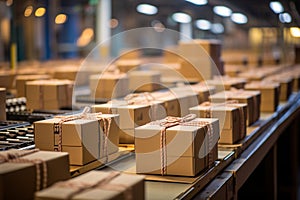 Parcel on a conveyor belt, warehouse fulfillment center, e-commerce and online shopping, shipping boxes and packages