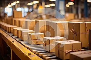 Parcel on a conveyor belt, warehouse fulfillment center, e-commerce and online shopping, shipping boxes and packages