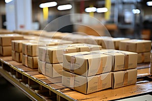 Parcel on a conveyor belt, warehouse fulfillment center, e-commerce and online shopping, shipping boxes and packages