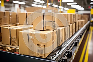 Parcel on a conveyor belt, warehouse fulfillment center, e-commerce and online shopping, shipping boxes and packages