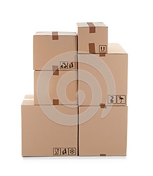 Parcel delivery. Cardboard boxes with packaging symbols on white background