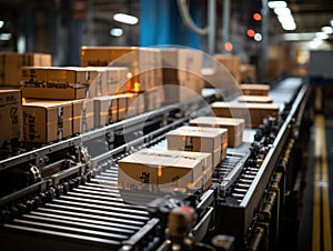 Parcel delivery concept. cardboard boxes on a conveyor