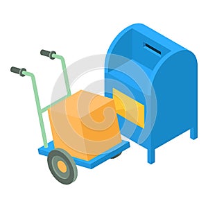 Parcel delivery icon isometric vector. Cardboard box on handcart near mailbox