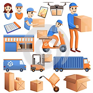 Parcel delivery icons set, cartoon style