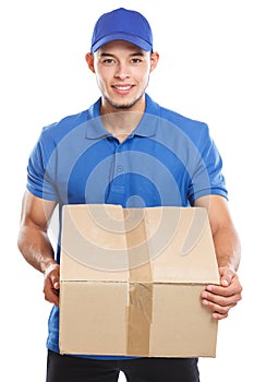 Parcel delivery service box package delivering job logistics young latin man isolated on white