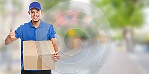 Parcel delivery service box package order delivering job banner success town copyspace copy space