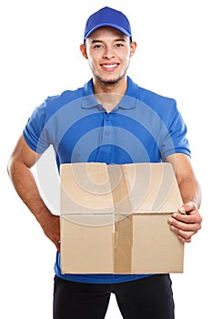 Parcel delivery service box package order delivering job education young latin man isolated on white