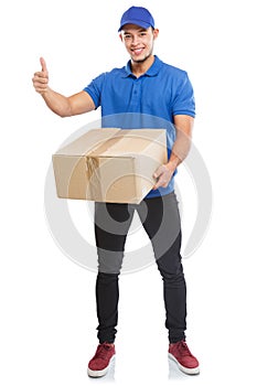 Parcel delivery service box package order delivering job success full body portrait isolated on white