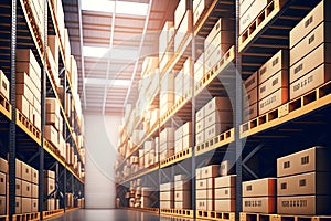 Parcel delivery service boxes on warehouse racks