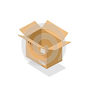 Parcel open vector illustration, cartoon 3d isometric cardboard box opened, empty package isolated clipart