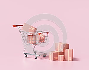 Parcel package in a trolley on pink background. Ideas about online shopping 3d render illustration