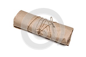 Parcel package wrapped with brown kraft paper tied rope