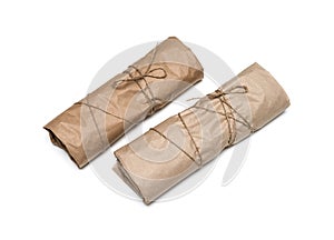 Parcel package wrapped with brown kraft paper tied rope