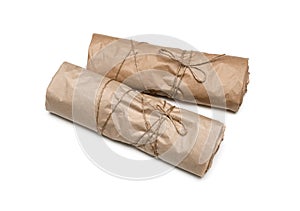 Parcel package wrapped with brown kraft paper tied rope