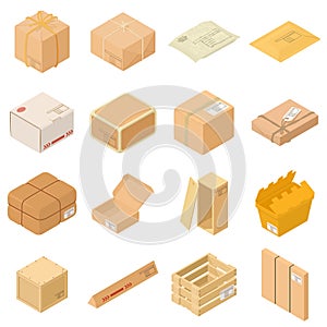 Parcel packaging box icons set, isometric style