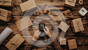 Parcel packing. Post office worker with scanner reading barcode at wooden table, top view