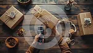 Parcel packing. Post office worker with scanner reading barcode at wooden table, top view