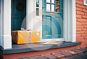 Parcel on the threshold of the entrance to the house near the door, delivery of goods to the house